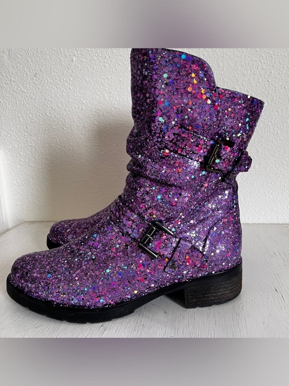 Custom Purple Glitter Earth Talus Moto Slouchy boot size 9.5